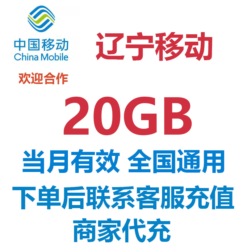 辽宁移动流量充值20GB手机流量流量包当月有效4G5G全国通用月包