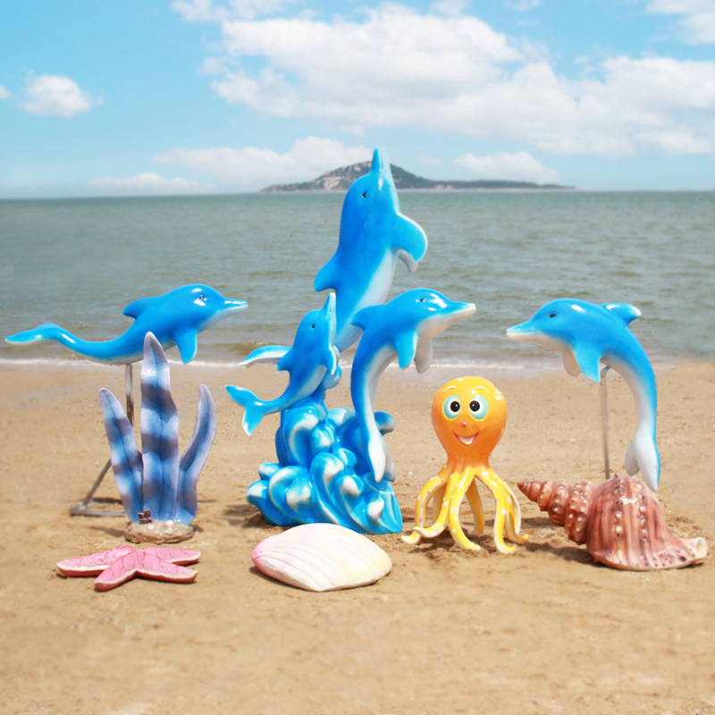 卡通海洋玻璃钢游乐园摆件章鱼珊瑚海豚鱼类雕塑海底世界装饰小品