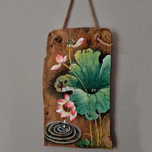 风化木板画手绘老门板实木挂饰荷花鱼风景图客厅茶室墙面装饰挂件