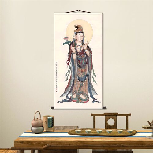 大势至菩萨像卷轴挂画装饰画丝绸布圣菩萨画国画挂轴