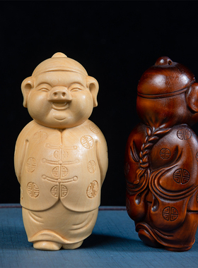 黄杨木雕刻实木地手把件生肖小福猪财把玩摆挂件工艺品