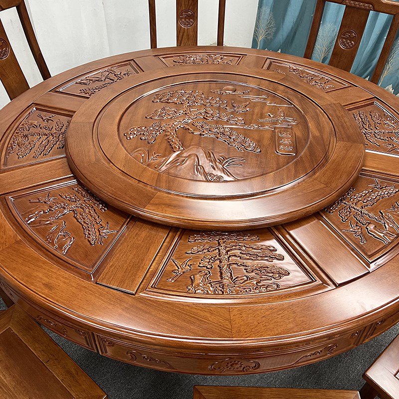 中式全实木菠萝格圆形餐桌椅深度雕花格木圆桌带转盘家用饭桌
