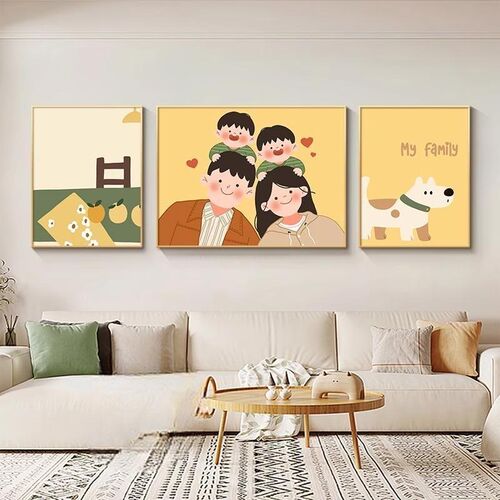 奶油风一家三口客厅装饰画卡通三画壁画沙发背景墙挂画