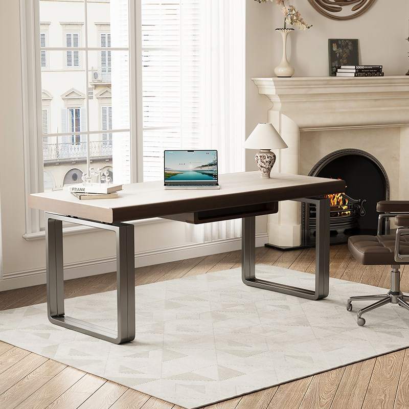 洞石岩板书桌现代极简家用书房客厅办公桌高级感不锈钢电脑桌