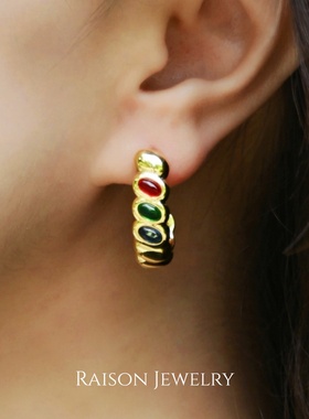 复古18K金红绿蓝耳钉精致耳环圈圈防过敏养耳洞高级感气质大气女