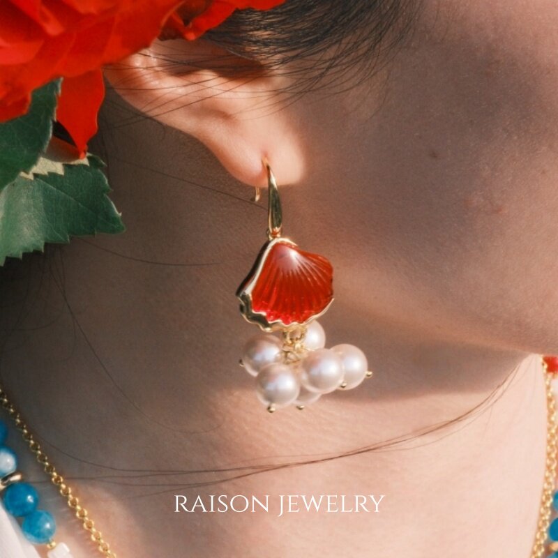 Raison红贝壳珍珠18K金耳钉耳饰原创复古海边度假风港风高级感女
