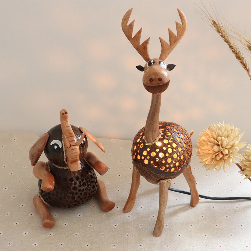 泰国椰子灯卡通动物椰壳台灯儿童房床头氛围灯可爱小象夜灯睡眠灯