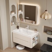 奶油风橡木烤漆智能圆角浴室柜陶瓷一体盆洗手洗脸洗漱台