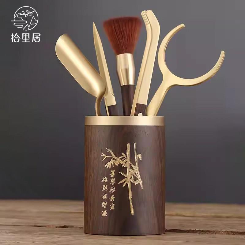 黑檀木黄铜茶道六君子套装茶具配件用品大全茶刀茶针茶夹泡茶工具
