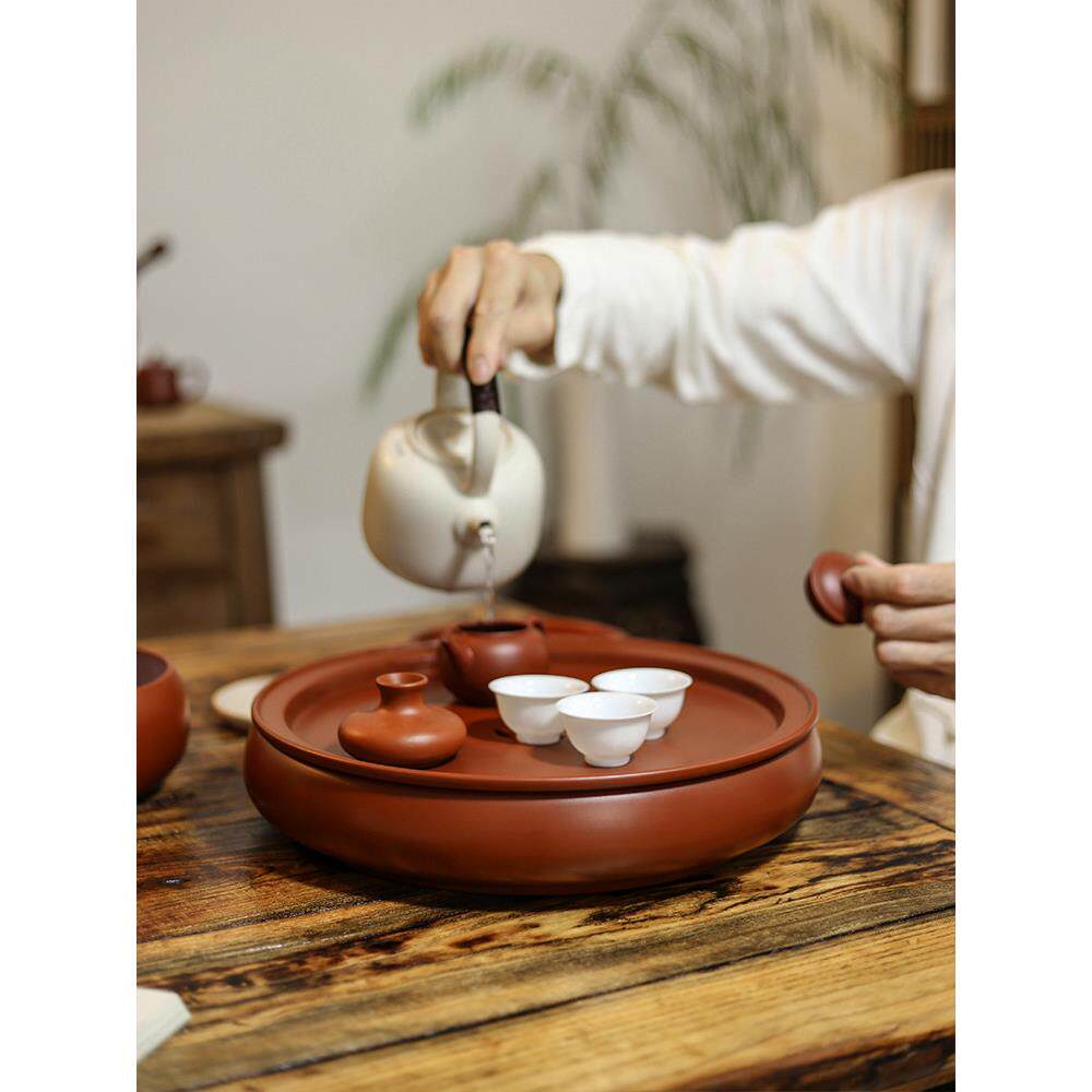 潮州准尼茶船紫砂茶盘手工家用鼓形铜钱功夫茶具干泡茶桌壶架10寸