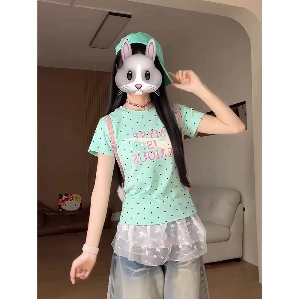 波甜美风设计感潮短袖T恤点女小清新撞色性感修身显瘦百搭上衣流