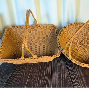 椭圆 W043仿藤编手工茶色方型 户外购物买菜篮野餐储物 两件套