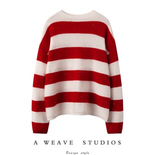 会呼吸的羊绒纱线 舒服暴赞山羊绒H亮片条纹圆领针织衫毛衣女