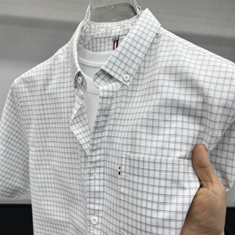 2025新款纯棉短袖衬衫真口袋中年男士舒适透气商务百搭小格子衬衫