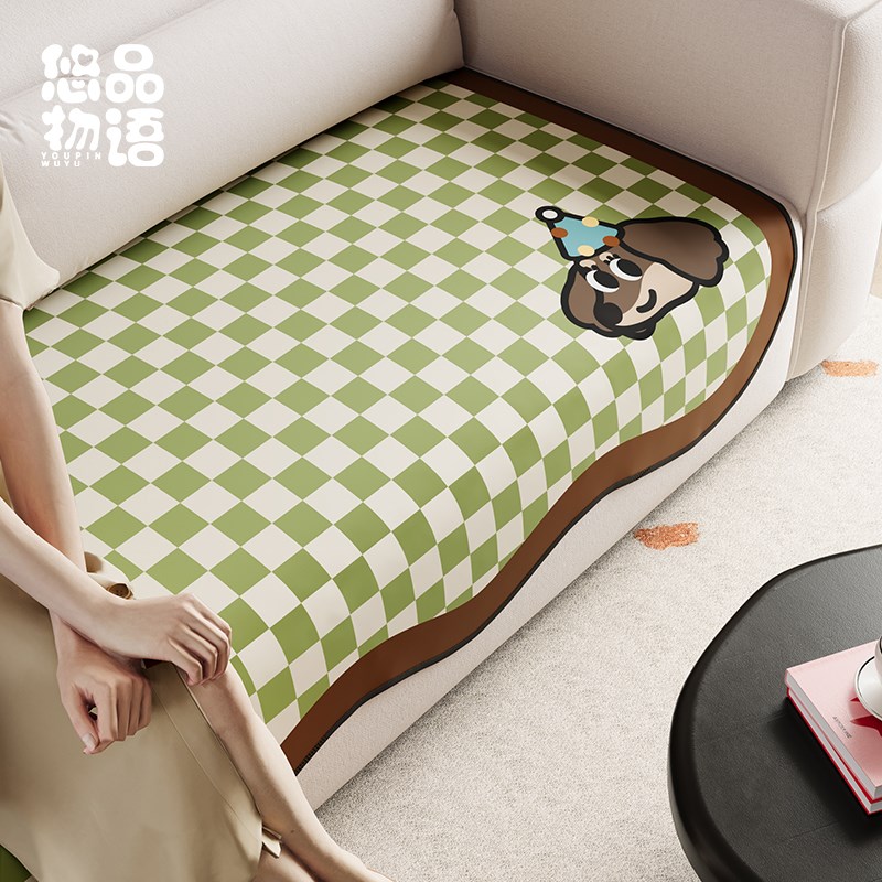 快乐小比卡通复古小狗菱格沙发垫客厅沙发防滑短毛绒异形沙发盖巾