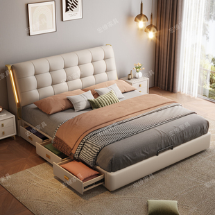 意式 1米8双人床2米x2米2软包储物大床 真皮床主卧高端大气2025新款