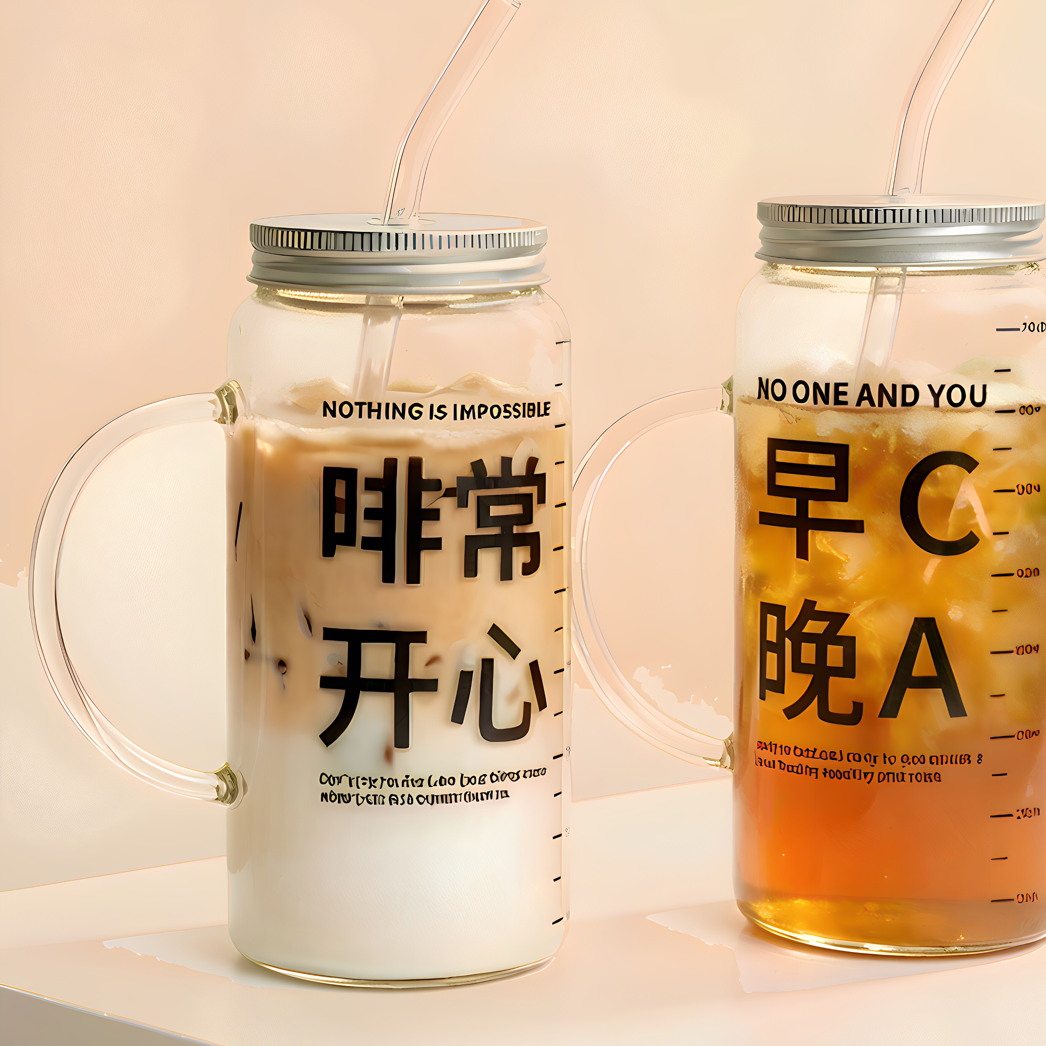 加厚耐热公鸡杯带刻度梅森杯创意文案咖啡杯带盖不生锈吸管水杯子