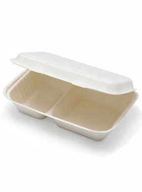 9*6寸两格翻盖餐盒甘蔗浆餐盒一次性纸浆餐具全降解外卖打包家用