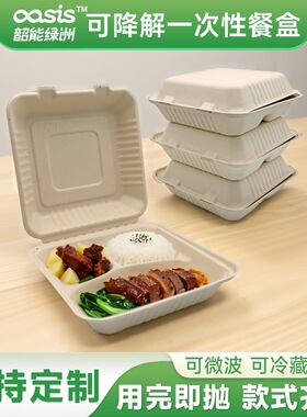 韶能绿洲甘蔗浆竹浆9寸3格餐盒锁盒环保一次性餐具可降解可堆肥