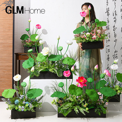 莫奈花园风造景荷花仿真花假花摆设店铺橱窗装修场景布置仿生绿植