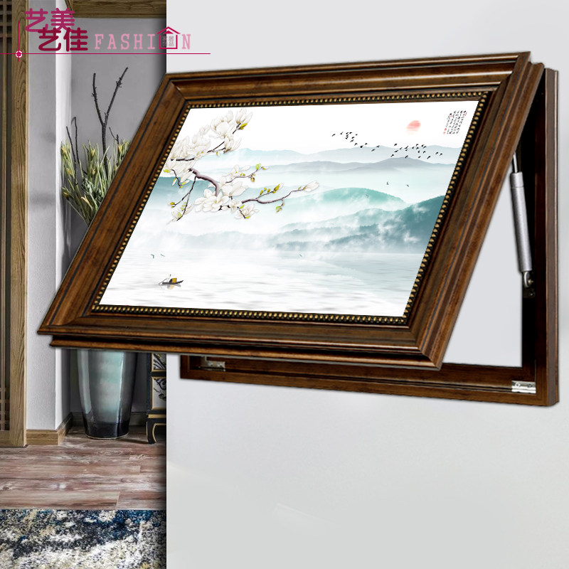 新电表箱装饰画棕色框推拉掀牡丹山水鸟挂画配电箱免打