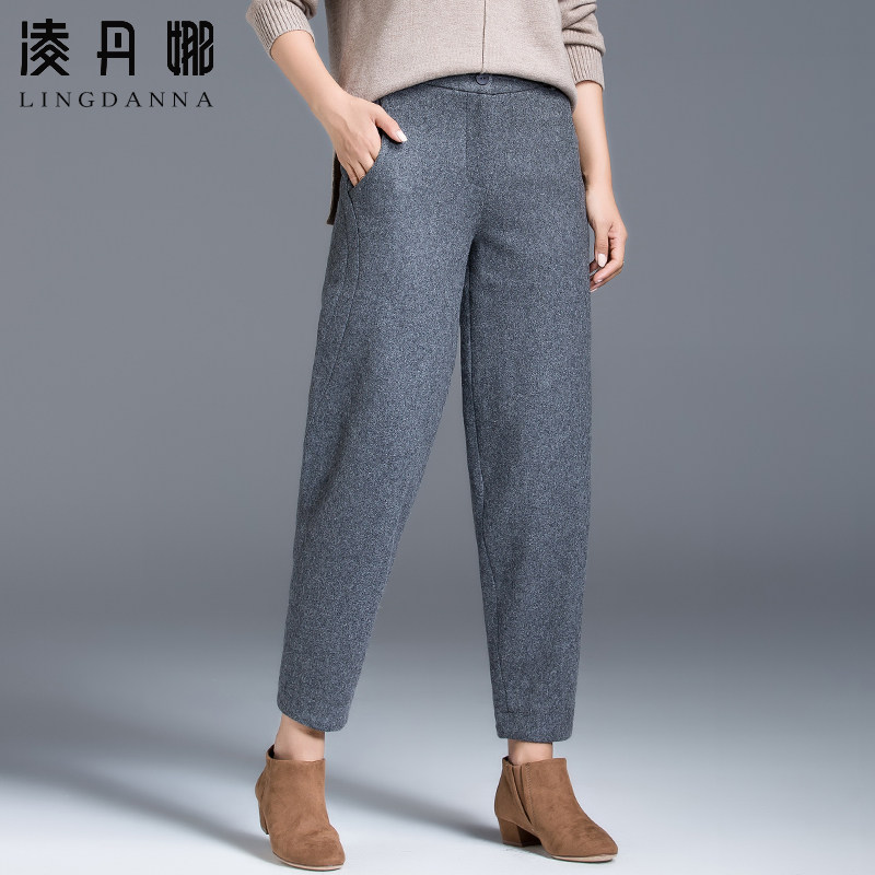 羊毛呢子裤子女秋冬萝卜哈伦裤2021新款冬季毛呢裤冬九分裤灯笼裤
