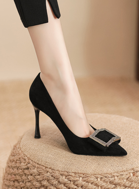 黑色大尺码高跟鞋细跟高级感方扣绒面气质工作鞋女不累脚尖头单鞋