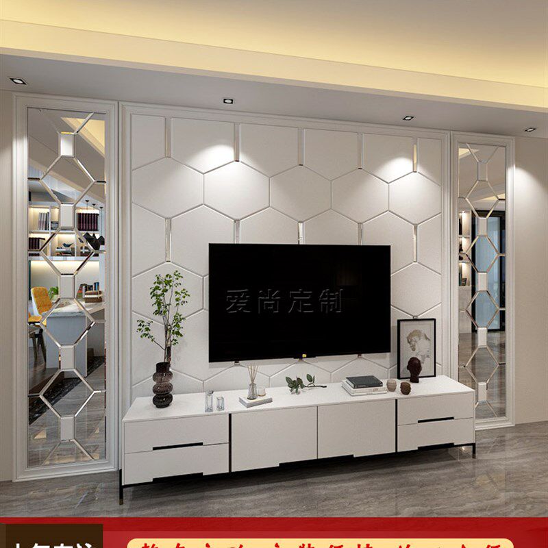 软包背景墙定制八边形镜条硬包电视墙拼镜玻璃沙发欧式现代无甲醛