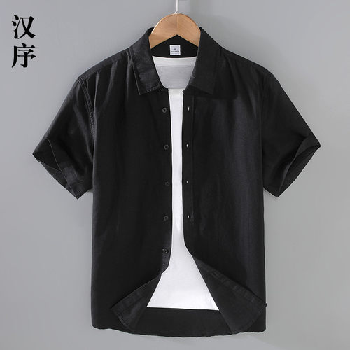 夏季新款日系复古亚麻短袖衬衫男休闲半袖棉麻衬衣麻料纯色上衣