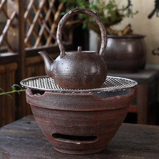 复古柴烧大号围炉木炭炉手工个性 煮茶壶粗陶烧烤炉打边炉阳台户外