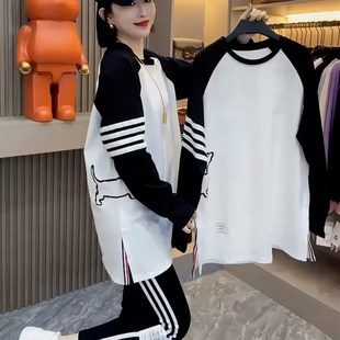 插肩袖 欧货美式 T恤女L春宽松中长款 子拼色纯棉长袖 上衣 卡通印花袖