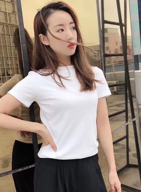 TF白色短袖T恤女纯o棉2025夏季小高领纯色紧身显瘦打底体恤上衣潮