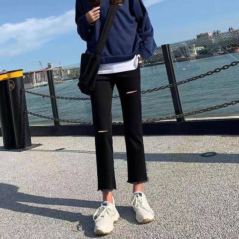 黑色烟管牛仔裤女八分小个子v2022夏季薄款高腰显瘦破洞七分直筒