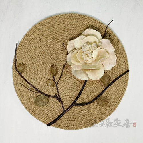 牡丹麻绳圆形手工装饰画东南亚家居壁饰挂件干怀旧玄关墙饰