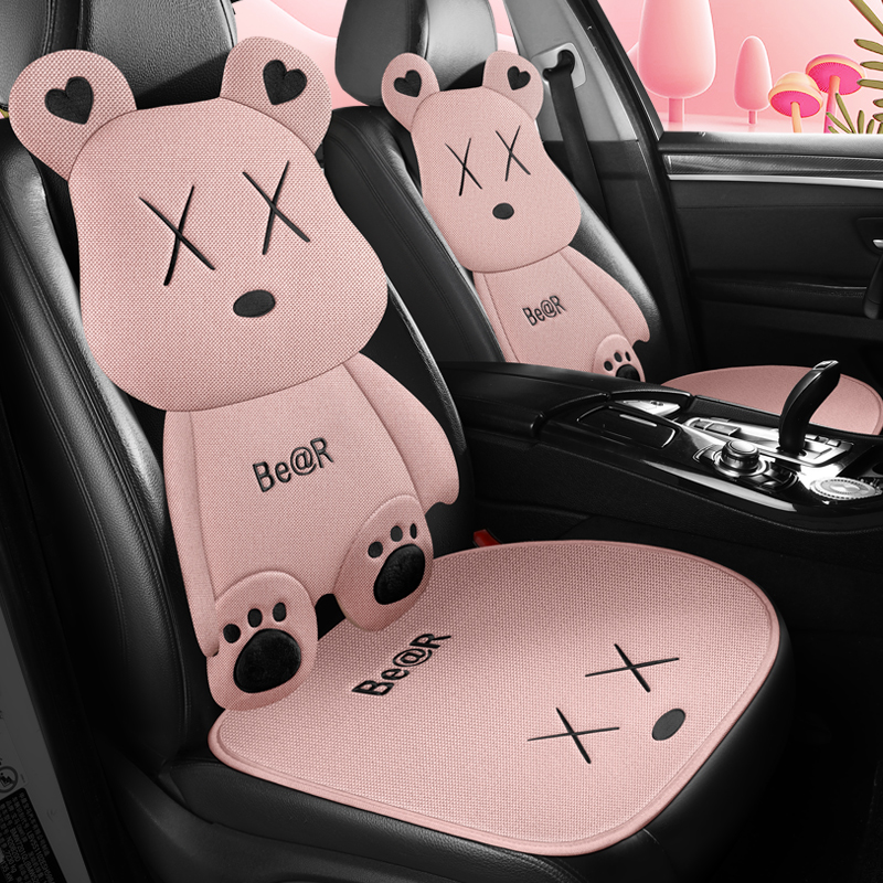 汽车坐垫四季通用垫可爱卡通座套女士亚麻车内座垫小车座椅套车垫