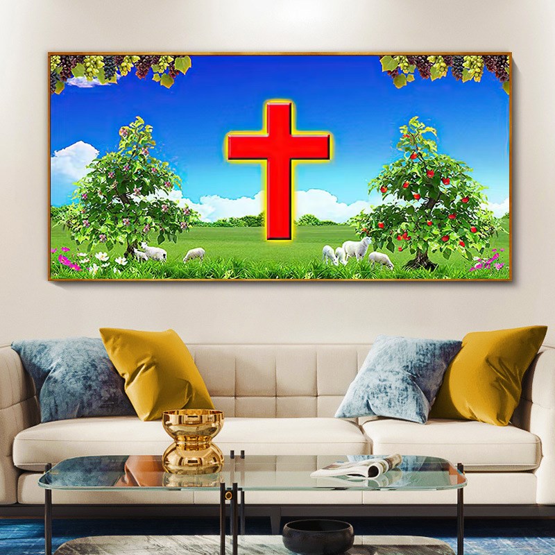 5d钻石画满钻新款客厅大幅手工点钻十字架贴钻水晶十字绣小羊风景