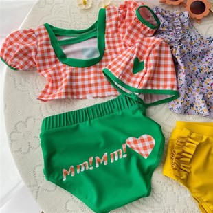 女童格子分体泳衣套装夏季女宝宝泡泡袖海边游泳衣小女孩时髦泳装