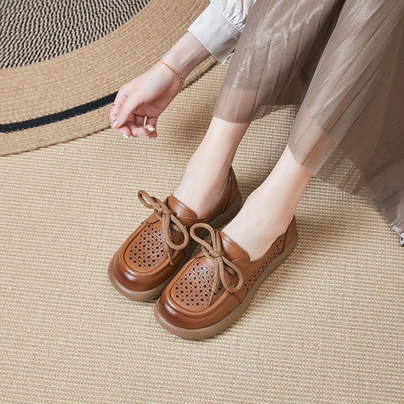 头层牛皮单鞋春夏季软底时尚妈妈鞋松糕厚底防滑镂空皮鞋透气女鞋,女鞋,深口单鞋,淘宝优惠券,粉丝福利购,淘宝优惠卷
