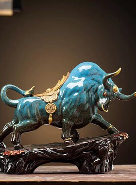 招财牛摆件陶瓷家居玄p关办公室装饰品开业镇宅蓝色生肖牛摆件大