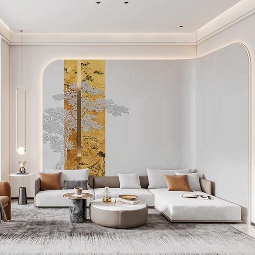 中式国风招财金箔客厅背景墙布壁布酒店卧室装修前台壁画茶室墙纸