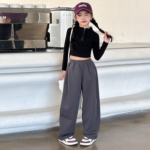 女童长袖 洋气露脐t恤新款 儿童打底衫 紧身弹力上衣炸街潮酷潮 短款