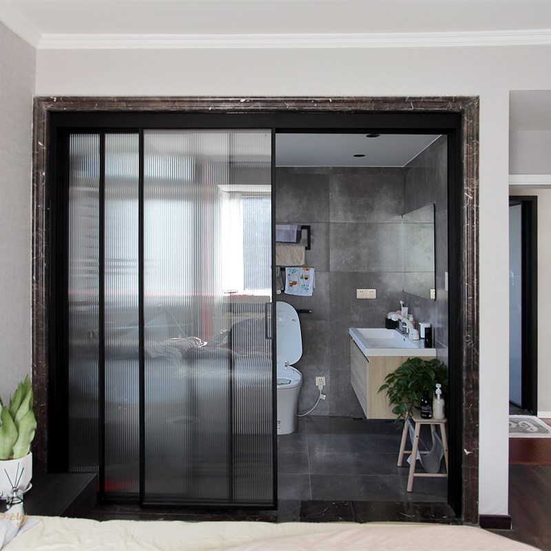 轻奢极简三轨黑色窄边推拉门客厅阳台全景玻璃移门厨房卫生间隔断