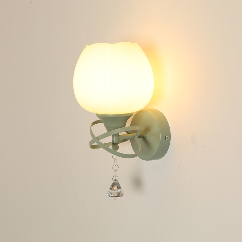 led卧室床头壁灯客厅背景墙灯绿色花朵法式奶油风走廊过道楼梯灯