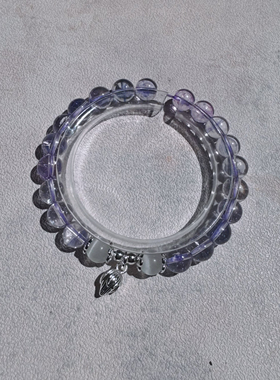 喜饰巴西冰透薰衣草紫水晶手链白猫眼石莲花吊坠优化水晶单圈手串