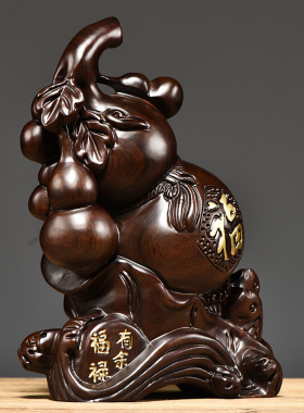 黑檀木雕福禄有余摆件实木葫芦雕刻工艺品家居客厅装饰摆设送礼品