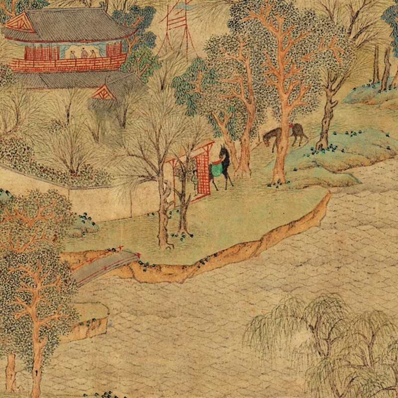 仇英春游图卷古代书画工笔青绿山水人物风景国画长卷微喷装饰画
