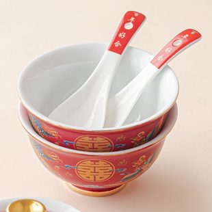 甜汤碗婚庆用品 国潮风餐具结婚喜碗一对红色龙凤呈祥碗筷勺套装