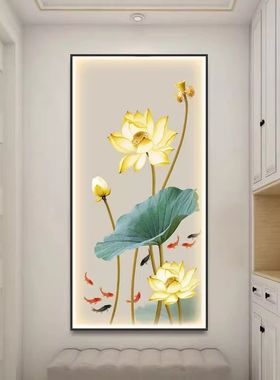 荷花灯光画玄关装饰画带灯LED茶室客厅正对门挂画走廊过道壁灯画
