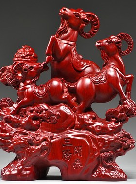 红花梨木雕三羊开泰摆件实木三阳开泰家居客厅办公室桌面装饰礼品