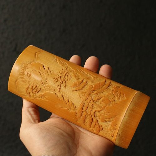 精选老玉竹东阳名家向平本工精工浅浮雕山水茶道茶则赏茶荷竹雕